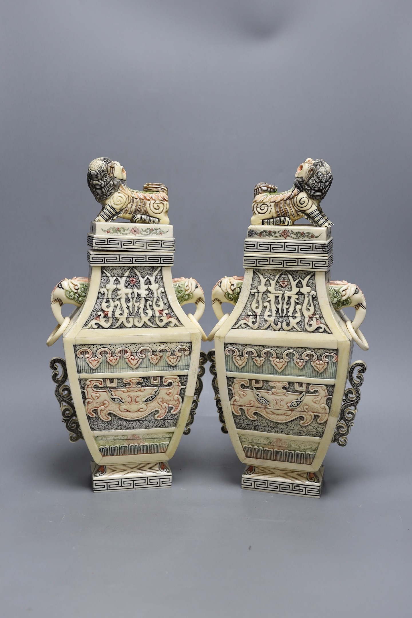 A pair of Chinese bone veneered vases, 37cm high